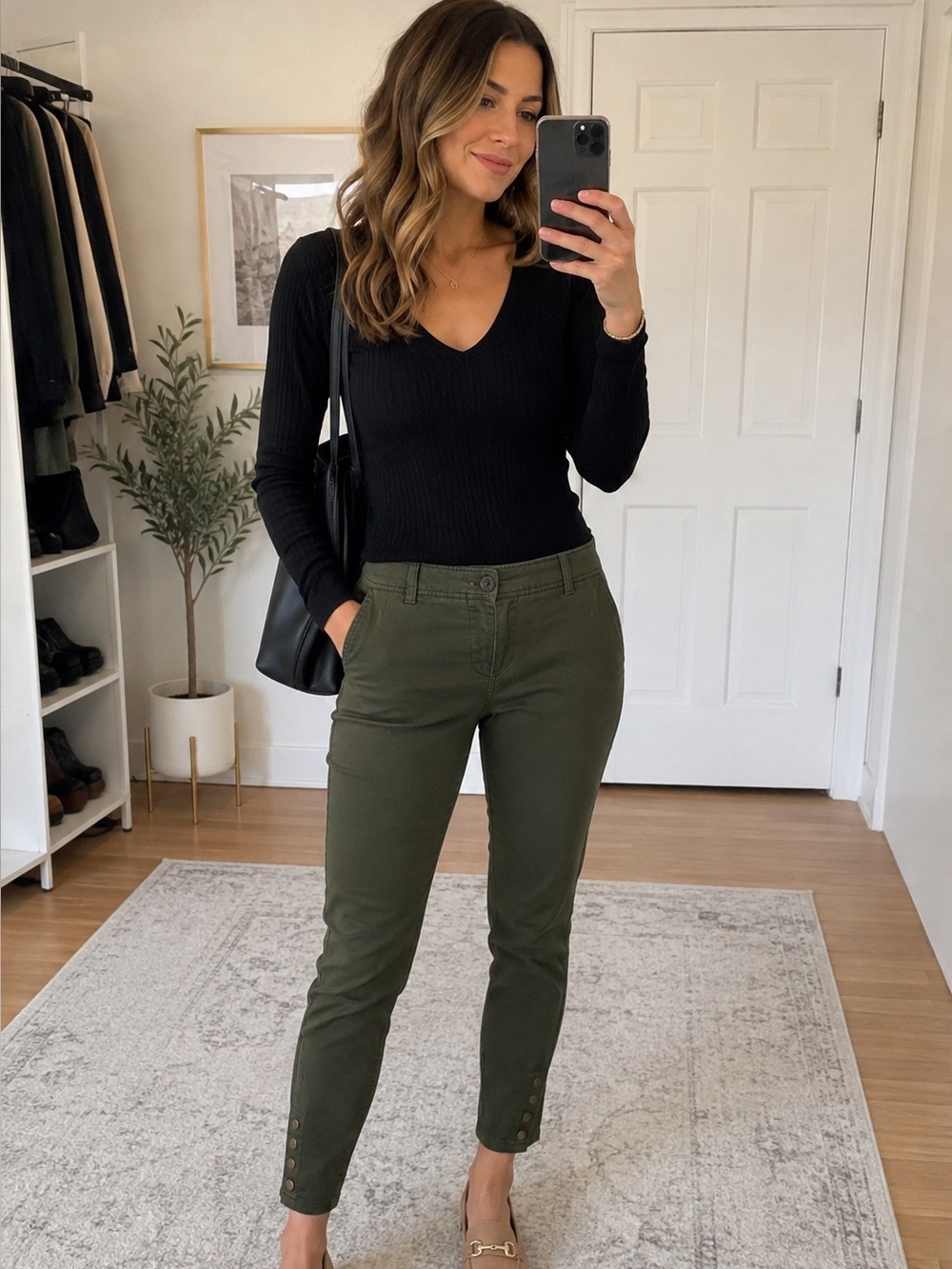 LOFT Olive Green Slim Chino Ankle Pants with Button Detail